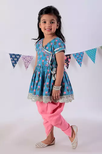 Blue cotton kurta with dhoti ethnic set
