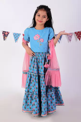 Blue cotton lehanga and choli with dupata ethnic set