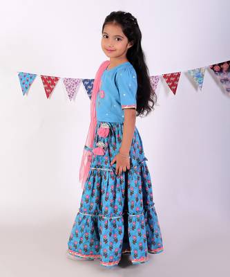 Blue cotton lehanga and choli with dupata ethnic set 3