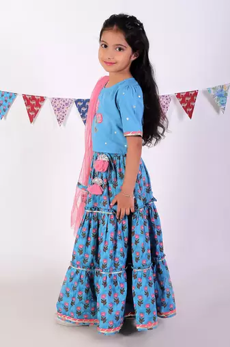 Blue cotton lehanga and choli with dupata ethnic set