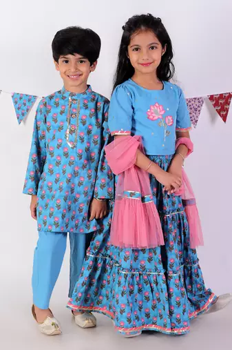 Blue cotton lehanga and choli with dupata ethnic set