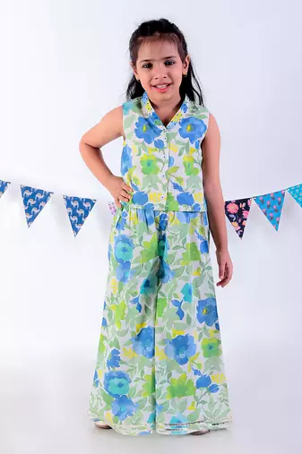 Green cotton top with pant co-ordinate ethnic set