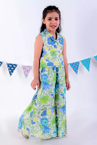 Green cotton top with pant co-ordinate ethnic set