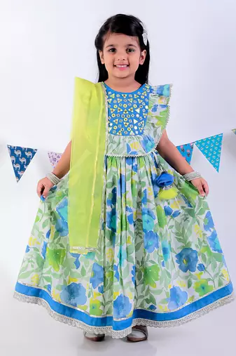 Green cotton lehanga and choli with dupata ethnic set