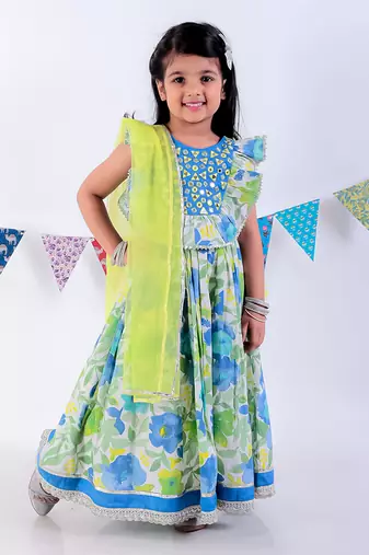 Green cotton lehanga and choli with dupata ethnic set