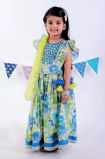 Green cotton lehanga and choli with dupata ethnic set