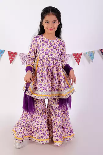 Lavender cotton kurta with sharara with dupata ethnic set