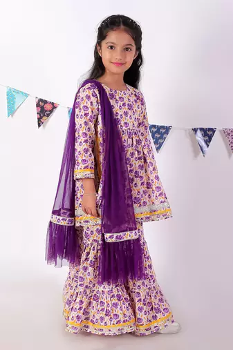 Lavender cotton kurta with sharara with dupata ethnic set
