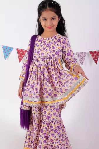 Lavender cotton kurta with sharara with dupata ethnic set