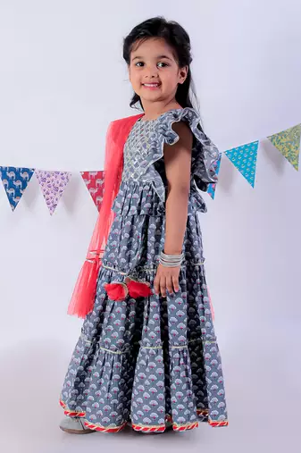 Grey cotton lehanga and choli with dupata ethnic set