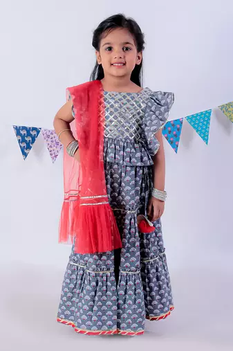 Grey cotton lehanga and choli with dupata ethnic set