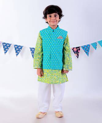 Green kurta and pyjama with blue printed nehru jacket ethnic set 2
