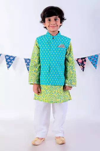 Green kurta and pyjama with blue printed nehru jacket ethnic set