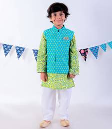 Green kurta and pyjama with jacket ethnic set