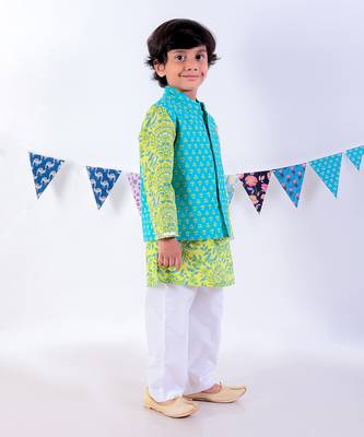 Green kurta and pyjama with blue printed nehru jacket ethnic set 3