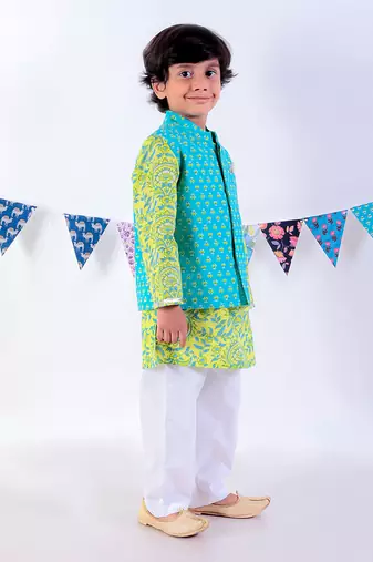 Green kurta and pyjama with blue printed nehru jacket ethnic set