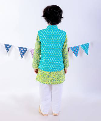 Green kurta and pyjama with blue printed nehru jacket ethnic set 4