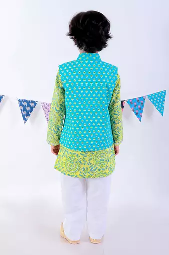 Green kurta and pyjama with blue printed nehru jacket ethnic set