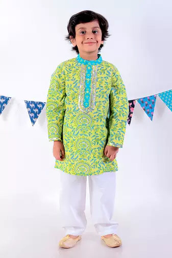 Green kurta and pyjama with blue printed nehru jacket ethnic set