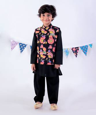 Black kurta and pyjama with jacket ethnic set 2