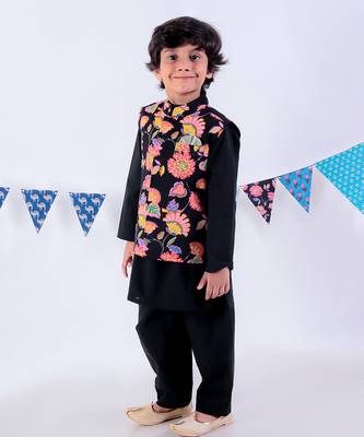 Black kurta and pyjama with jacket ethnic set 3