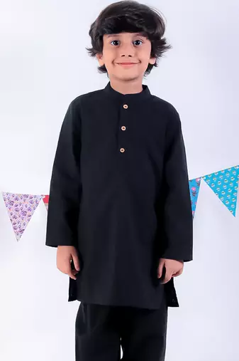 Black kurta and pyjama with jacket ethnic set