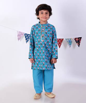 Blue Cotton Multicolor Printed Kurta Pyjama Set 2