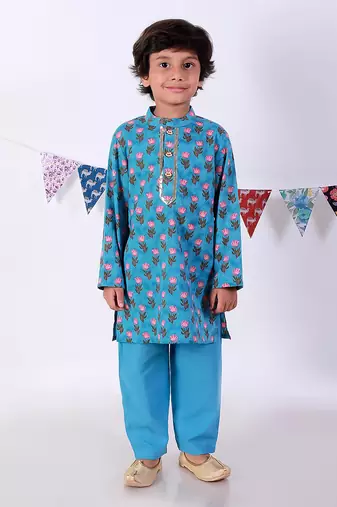 Blue Cotton Multicolor Printed Kurta Pyjama Set