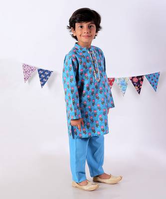 Blue Cotton Multicolor Printed Kurta Pyjama Set 3