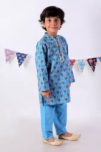 Blue Cotton Multicolor Printed Kurta Pyjama Set