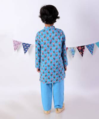 Blue Cotton Multicolor Printed Kurta Pyjama Set 4