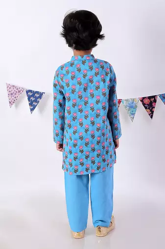 Blue Cotton Multicolor Printed Kurta Pyjama Set