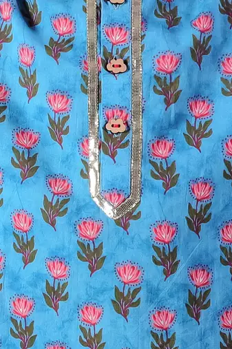 Blue Cotton Multicolor Printed Kurta Pyjama Set