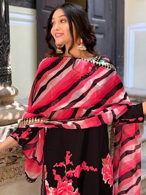Black printed and embroidered muslin  stitched straight pant style salwar suit 2