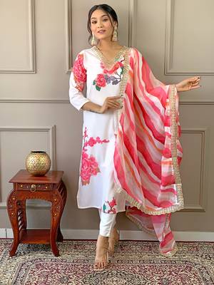 White printed and embroidered muslin  stitched straight pant style salwar suit 1