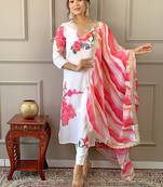 White printed and embroidered muslin  stitched straight pant style salwar suit