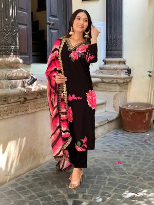 Black printed and embroidered muslin  stitched straight pant style salwar suit 3