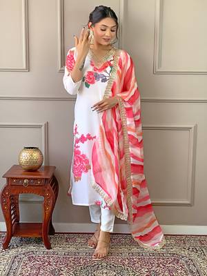 White printed and embroidered muslin  stitched straight pant style salwar suit 2