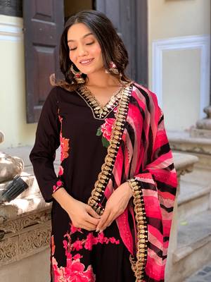 Black printed and embroidered muslin  stitched straight pant style salwar suit 4