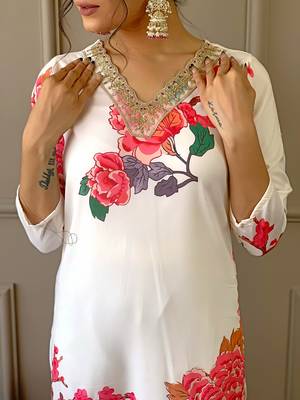 White printed and embroidered muslin  stitched straight pant style salwar suit 4