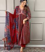 Maroon printed and embroidered cotton  stitched round pant style salwar suit