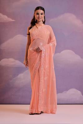Orange Sequins Georgette Saree  1