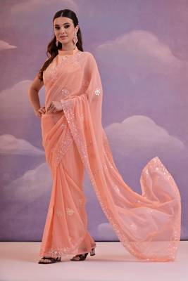 Orange Sequins Georgette Saree  4