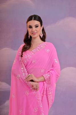 Pink Sequins Georgette Saree  5