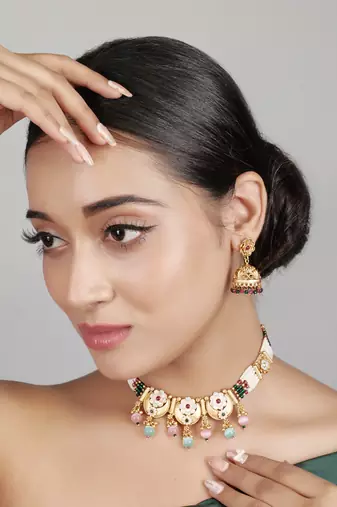   Gold plated indian traditional temple jewellery necklace set with adjustable thread for wo  and girls