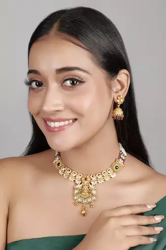  Gold plated traditional temple necklace jewellery with earrings set for wo ::Girls 