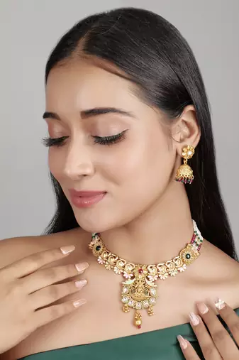   Gold plated traditional temple necklace jewellery with earrings set for wo ::Girls 