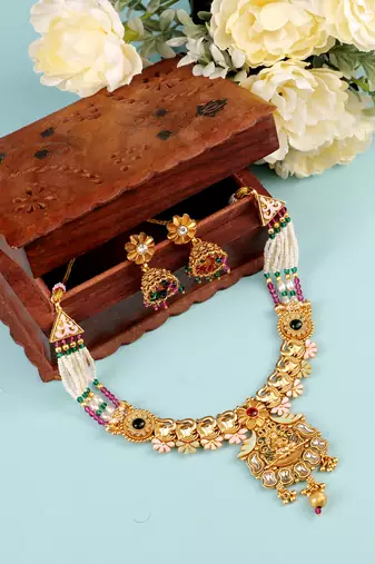   Gold plated traditional temple necklace jewellery with earrings set for wo ::Girls 