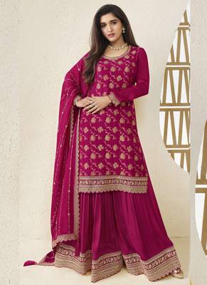 Pink viscose chinon embroidered sharara suit 1