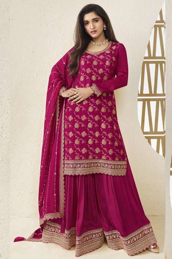 Pink viscose chinon embroidered sharara suit